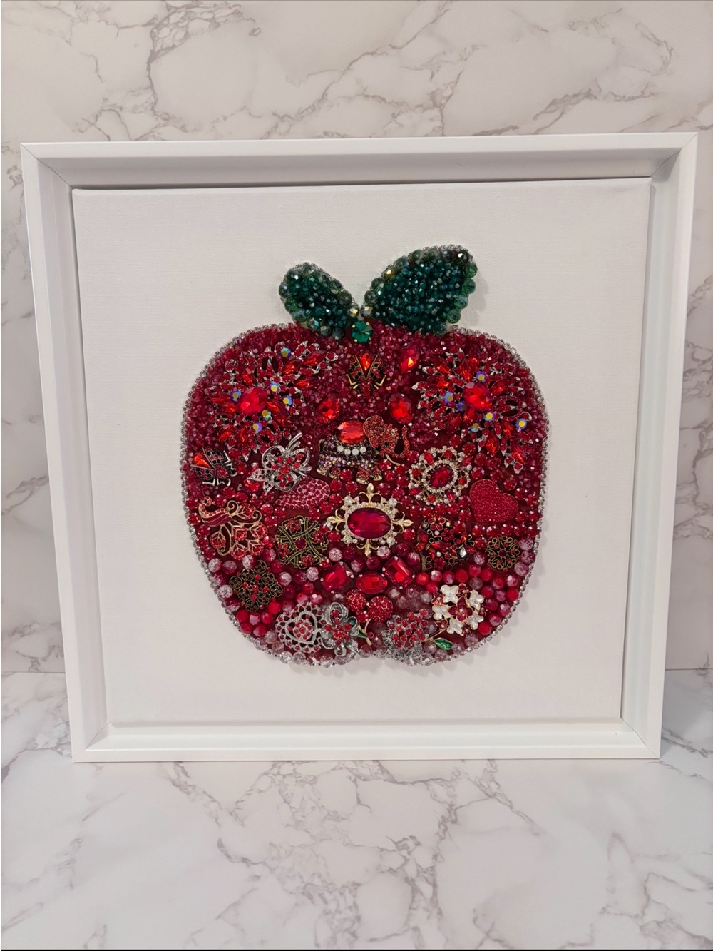 Framed 12x12 Red Apple Mixed Media Wall Art with Green Leaves